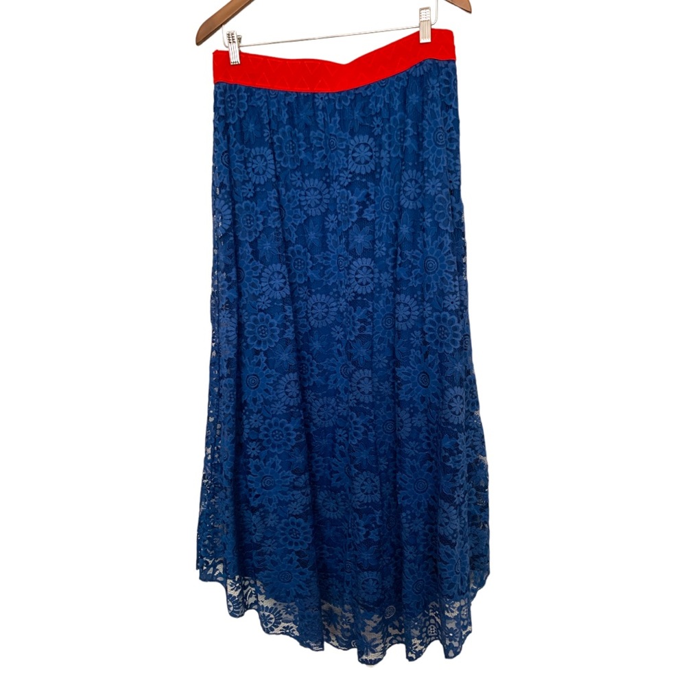 Lace Blue + Stretch Red Band Lined Midi A Line Swing Skirt - Size L